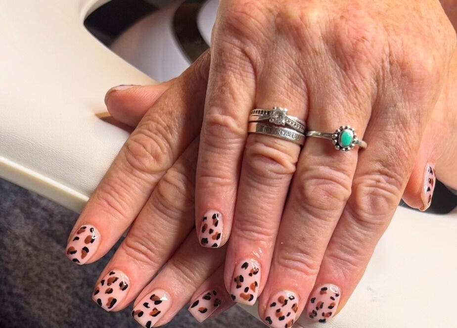 Stylish leopard print nails at Just Gel Studio in Kemsing, England, GB.