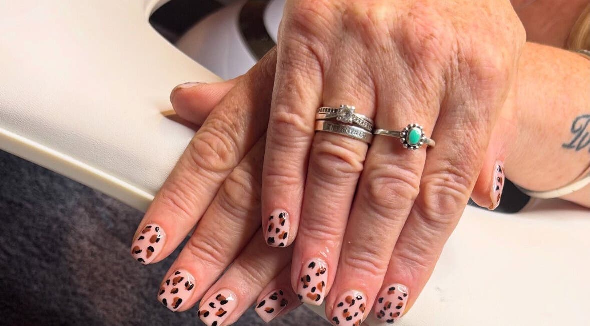 Stylish leopard print nails at Just Gel Studio in Kemsing, England, GB.
