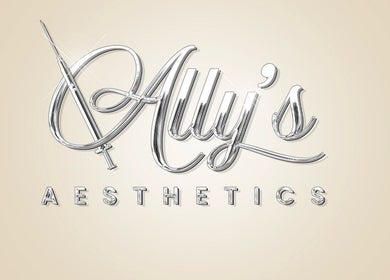 Shiny logo of Ally’s Aesthetics in Glasgow, Scotland, GB on a beige background.