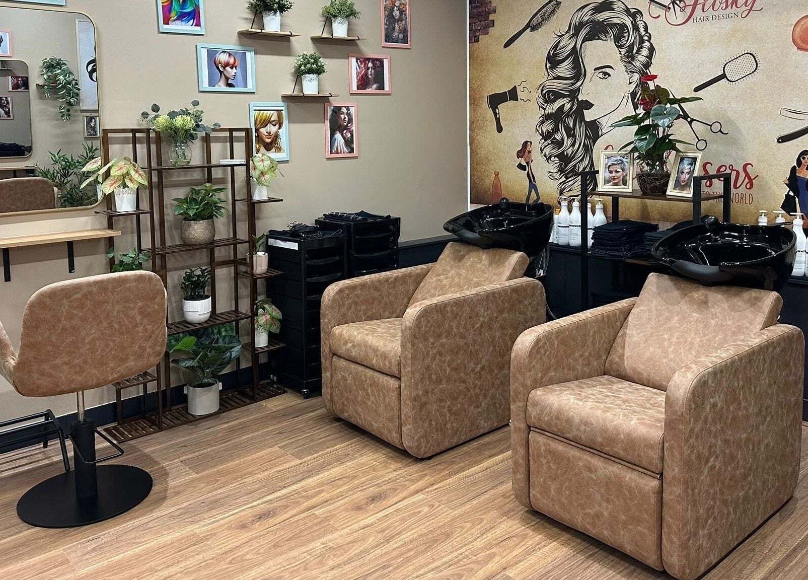 Cozy salon chairs and elegant decor at Flosky Hair Design, Strathpine, Queensland, AU, creating a welcoming atmosphere.