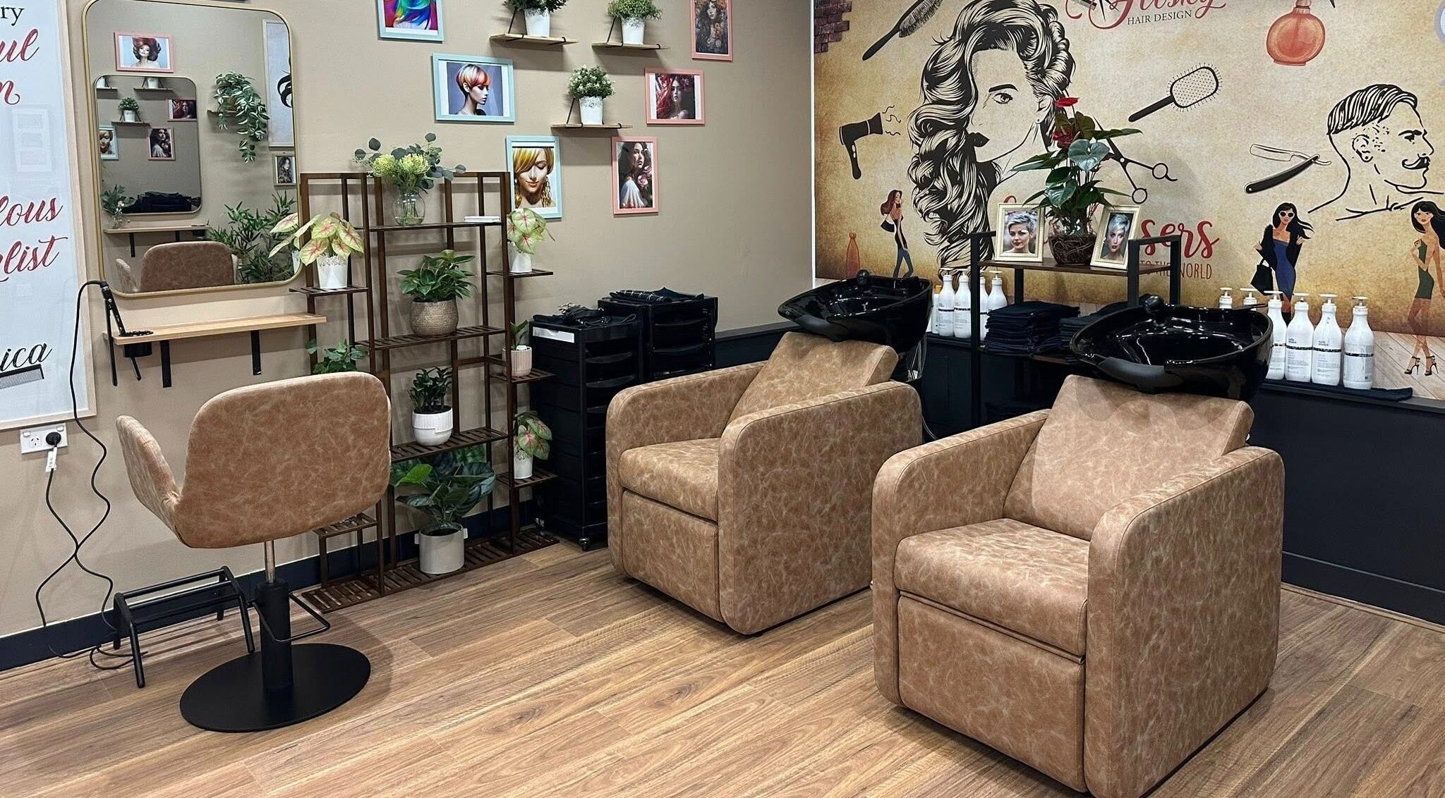 Cozy salon chairs and elegant decor at Flosky Hair Design, Strathpine, Queensland, AU, creating a welcoming atmosphere.