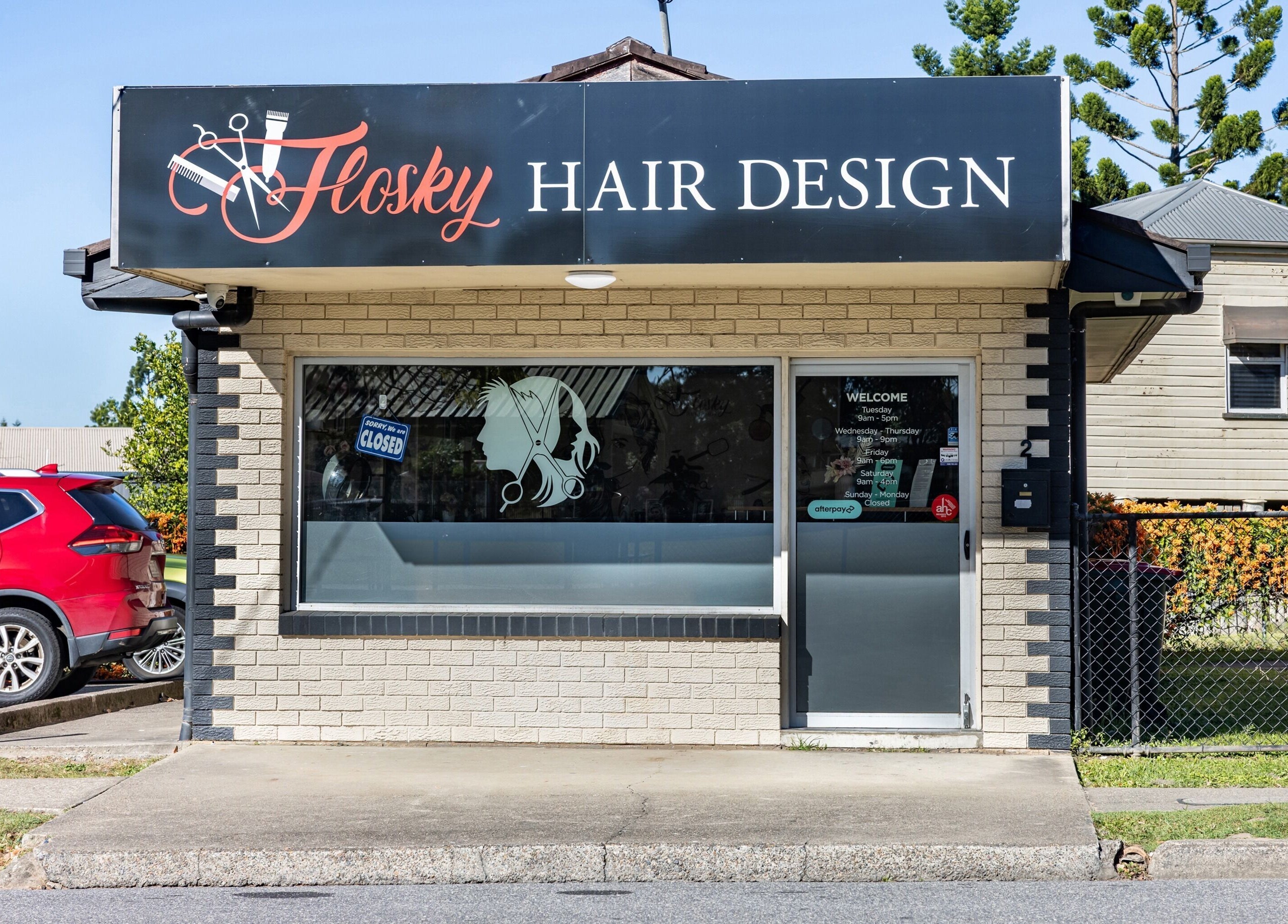 Flosky Hair Design exterior, Strathpine, Queensland, AU. Stylish salon entrance with welcoming vibe.