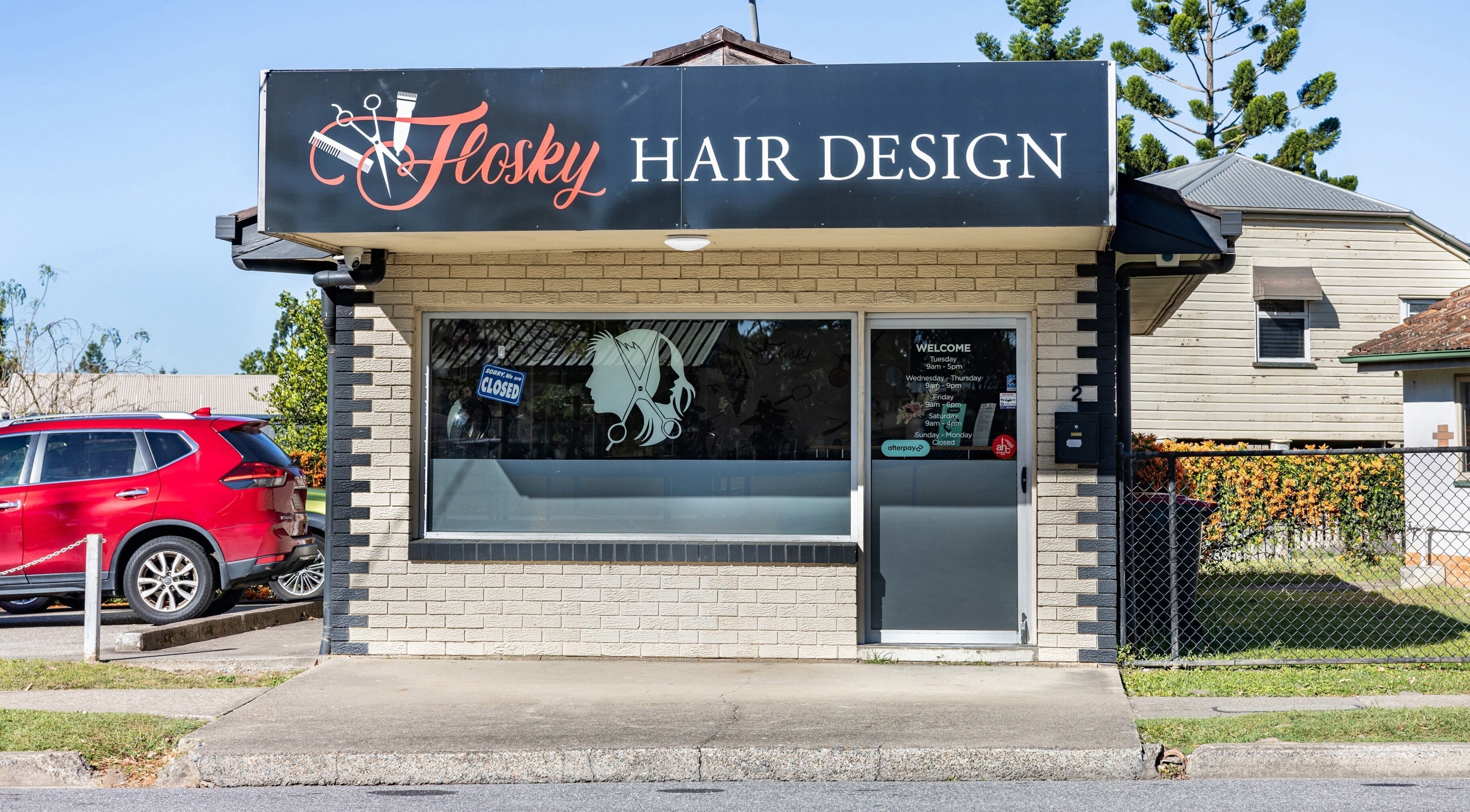 Flosky Hair Design exterior, Strathpine, Queensland, AU. Stylish salon entrance with welcoming vibe.