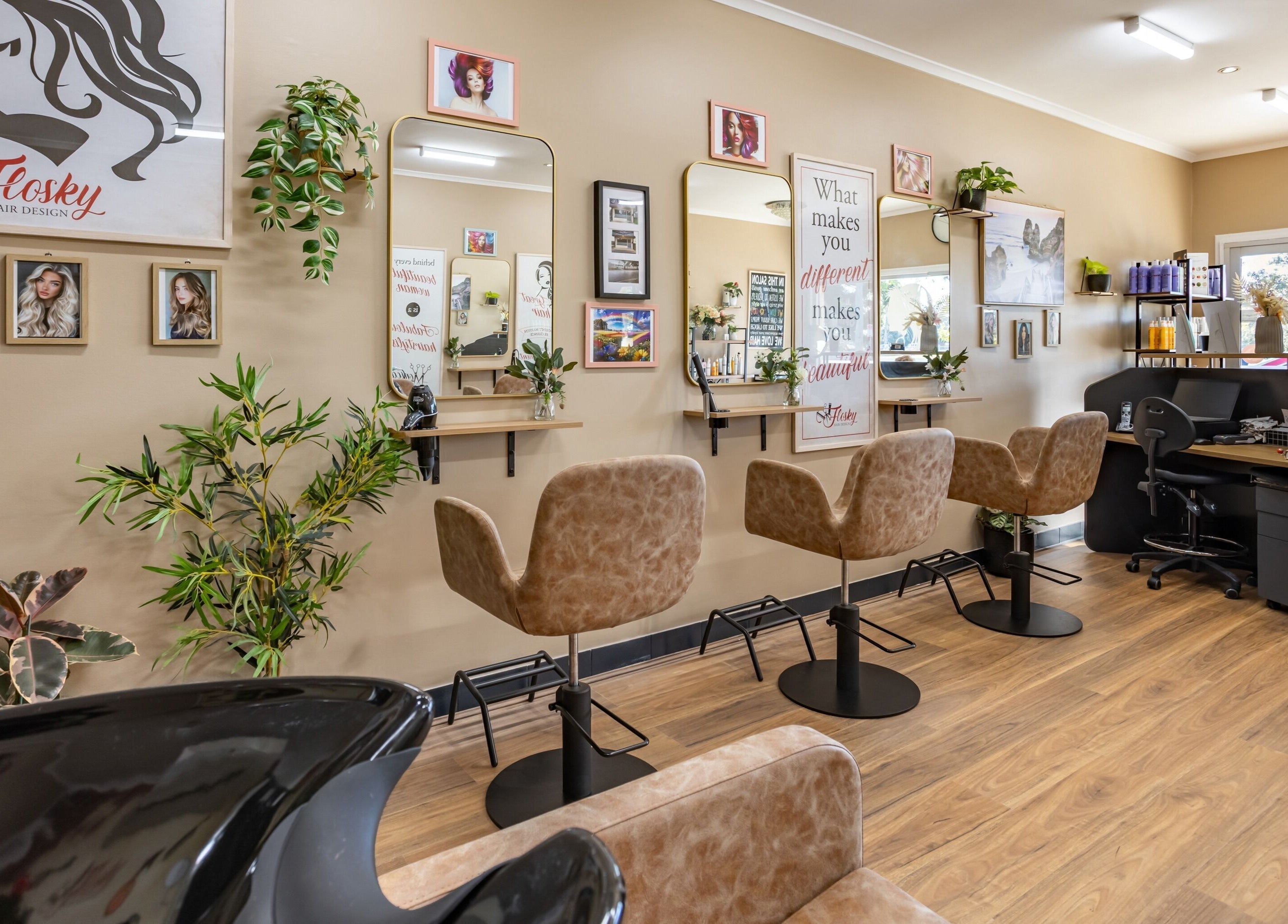 Flosky Hair Design interior with stylish decor and seating in Strathpine, Queensland, AU.