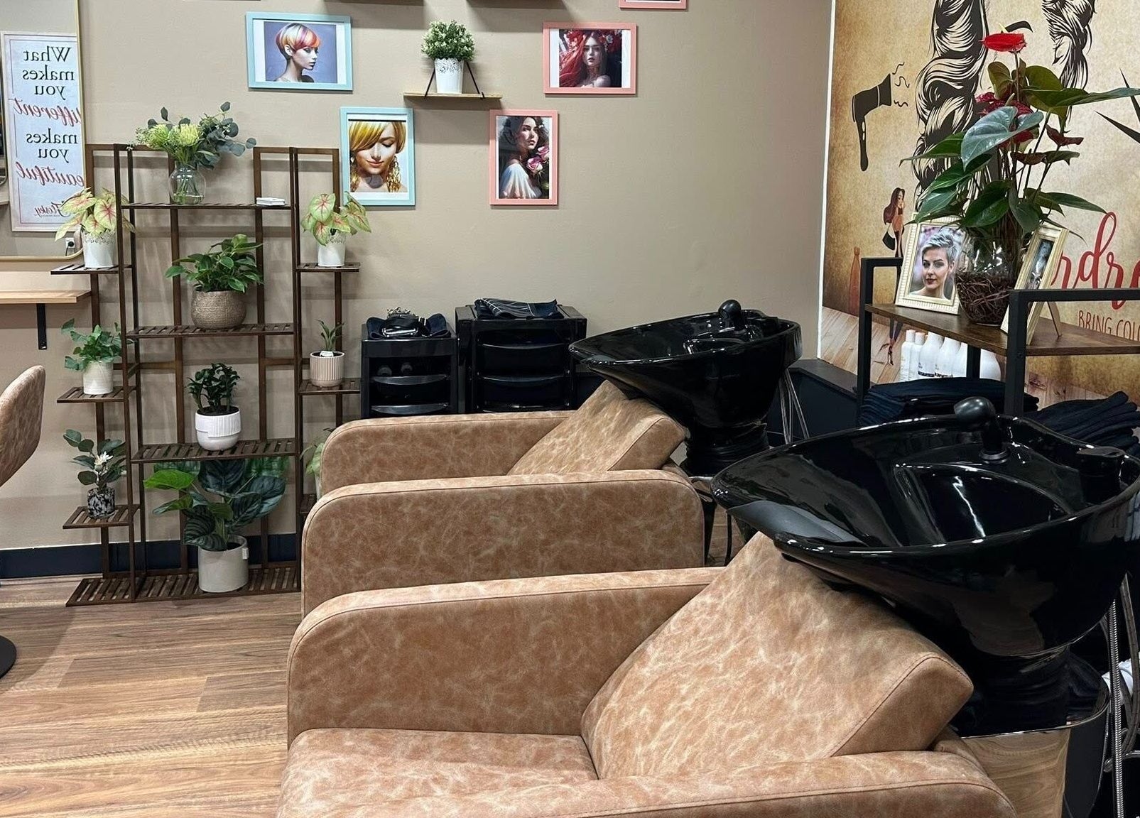 Interior of Flosky Hair Design, Strathpine, Queensland, AU, featuring stylish seating and hair wash stations.