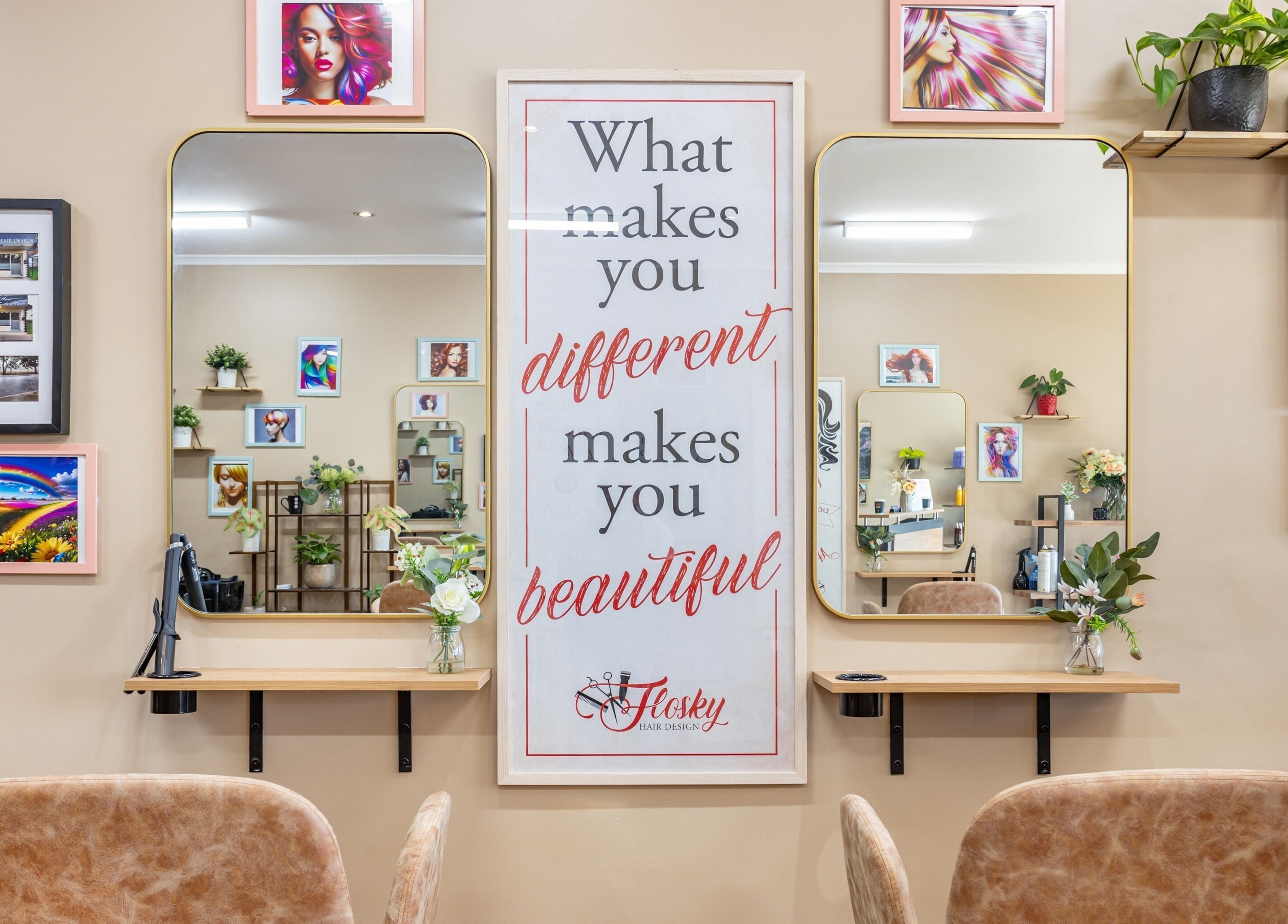 Elegant interior of Flosky Hair Design in Strathpine, Queensland, AU with inspirational decor and stylish seating.