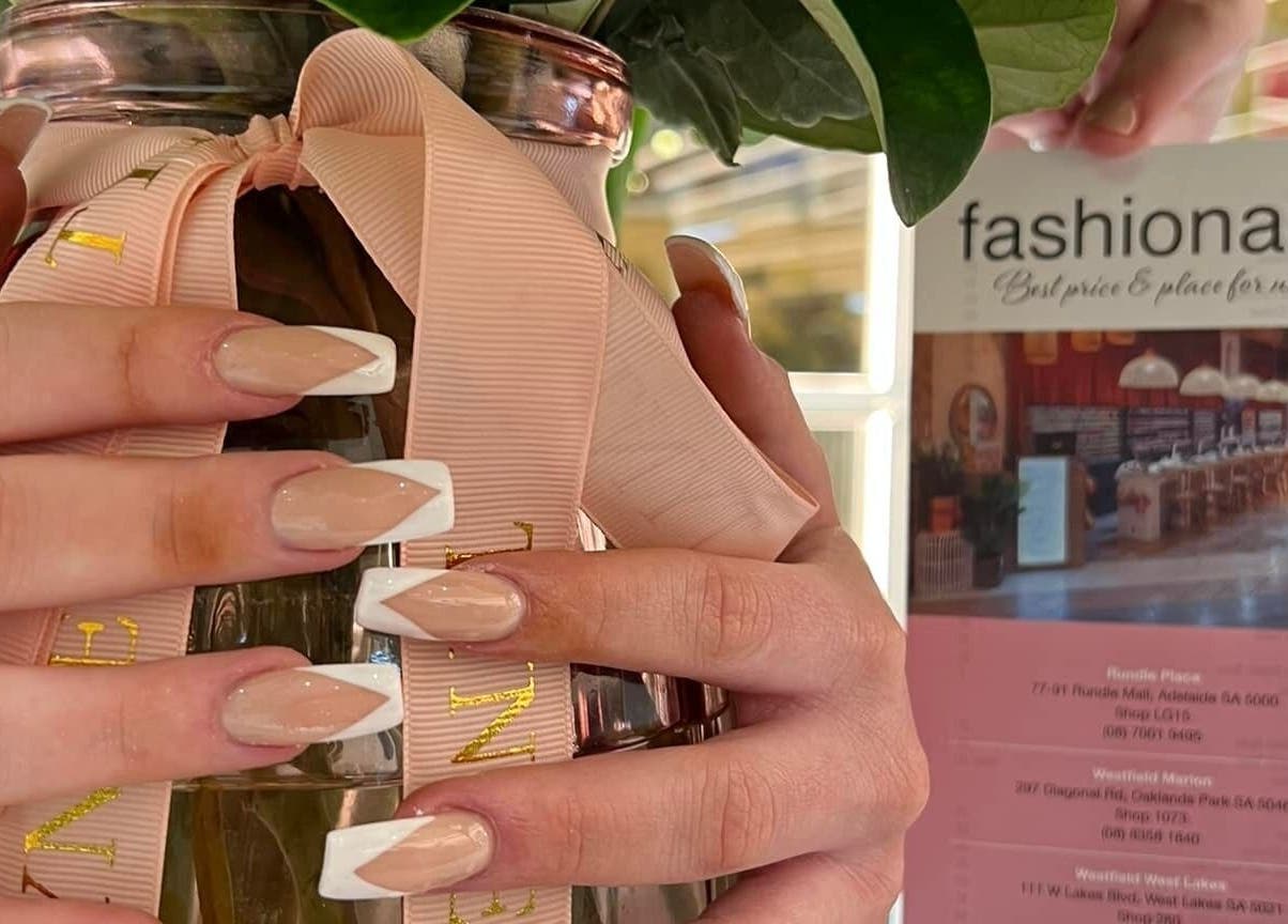Stylish French manicure showcased at Fashion Nails & Beauty, Oaklands Park, South Australia, AU.