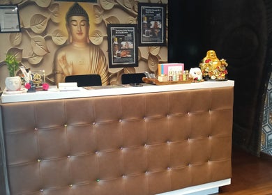 Reception at The SOFITEL wellness, Manikonda with Buddha decor, India.