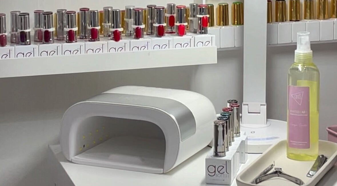 Nail care setup with gel polishes at Mj Beauty, Crewe, England, GB.