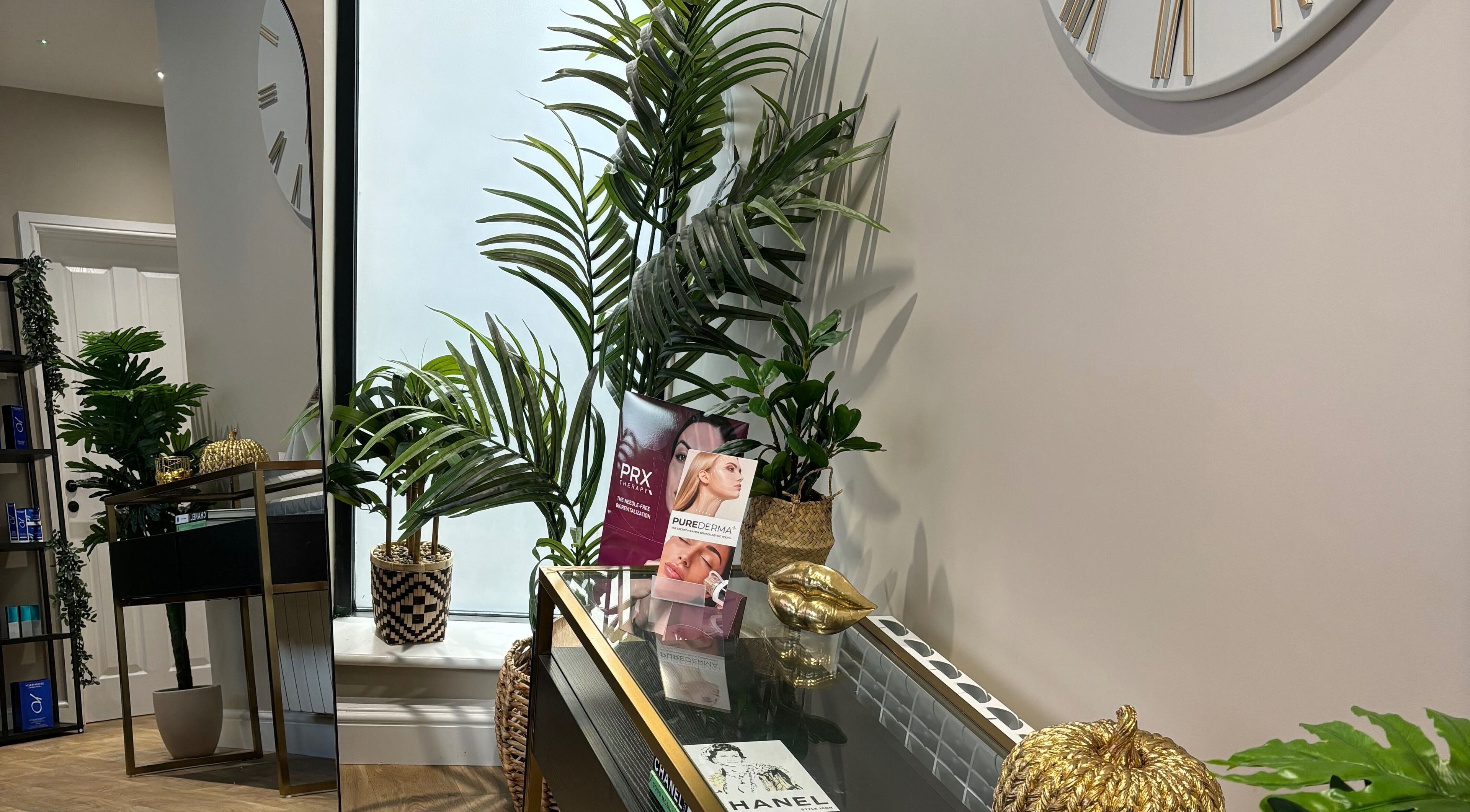 Elegant interior at Phi Clinic IOM, Douglas, Isle of Man, GB, featuring lush greenery and modern decor.