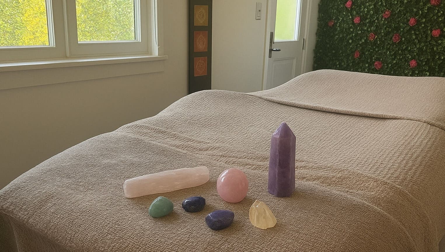 Crystal healing session at Pampered@62, Blackpool, England, GB. Soothing ambiance with healing stones.