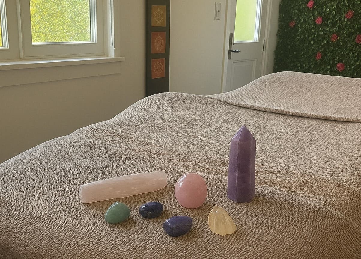 Crystal healing session at Pampered@62, Blackpool, England, GB. Soothing ambiance with healing stones.