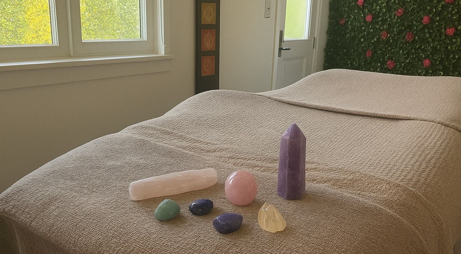 Crystal healing session at Pampered@62, Blackpool, England, GB. Soothing ambiance with healing stones.