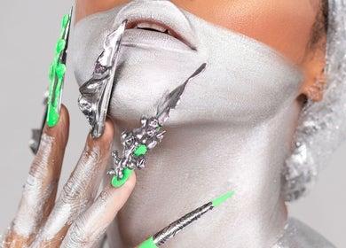 Futuristic silver makeup and neon nails at OnHer by Melissa Studio, Trincity, Tunapuna/Piarco Regional Corporation, TT.