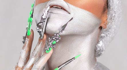 Futuristic silver makeup and neon nails at OnHer by Melissa Studio, Trincity, Tunapuna/Piarco Regional Corporation, TT.