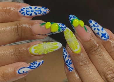 Intricate floral nail art at OnHer by Melissa Studio, Trincity, Tunapuna/Piarco Regional Corporation, TT.