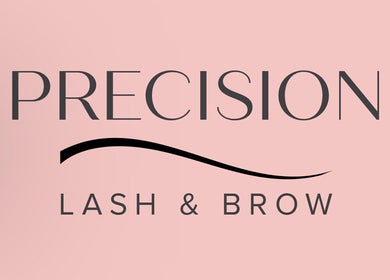 Elegant logo of PRECISION LASH & BROW in Bethesda, Maryland, US on a soft pink background.