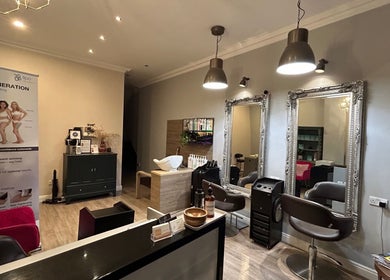 Inside view of Gabrielle Elle Nails within Viauty Fulham, London, England, GB showing stylish salon seating.
