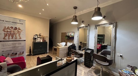 Inside view of Gabrielle Elle Nails within Viauty Fulham, London, England, GB showing stylish salon seating.