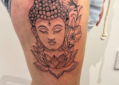 Intricate Buddha tattoo design at Blissa Beauty Tattoo & SPMU, Bridlington, England, GB.