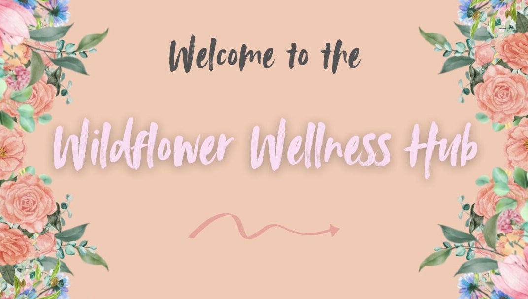 Welcome sign for Wildflower Wellness Hub, Churchdown, England with floral design.