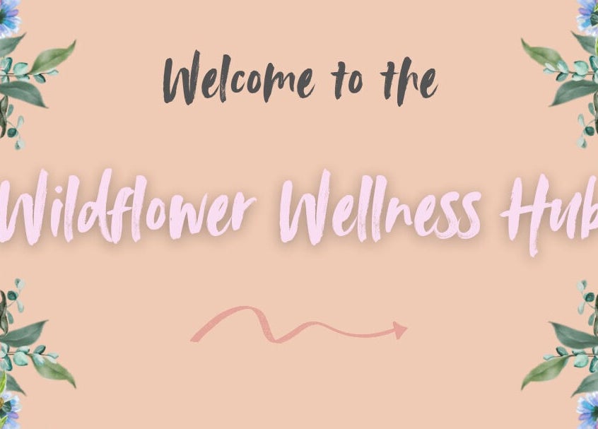 Welcome sign for Wildflower Wellness Hub, Churchdown, England with floral design.