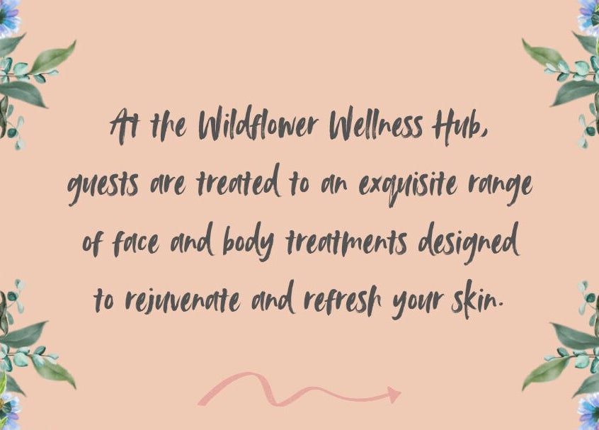 Floral design with text promoting face and body treatments at Wildflower Wellness Hub, Churchdown, England, GB.