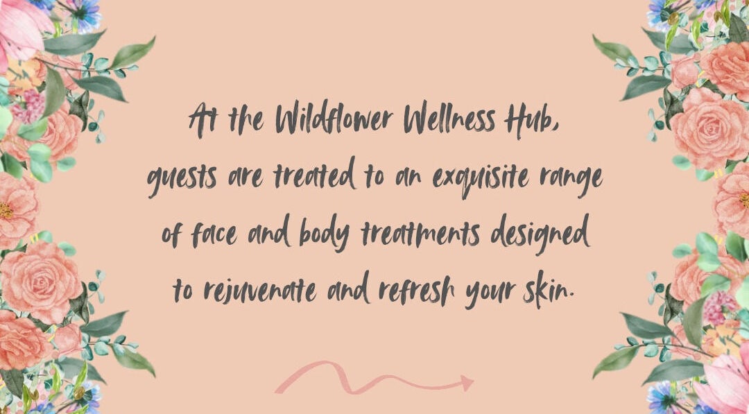 Floral design with text promoting face and body treatments at Wildflower Wellness Hub, Churchdown, England, GB.