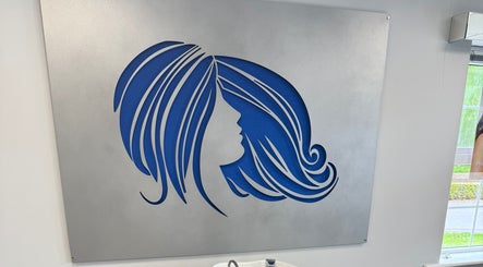 Blue silhouette of a woman's hair on display at Gary Sedgwick, Clitheroe, England, GB.