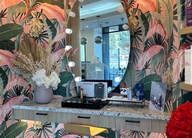 Chic vanity with tropical wallpaper at Routine Contour Clinic- Berwick, Melbourne, Victoria, AU.