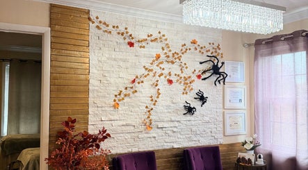 Autumn-themed decor with certificates at Mantra Thai Massage & Spa, Vienna, Virginia, US.