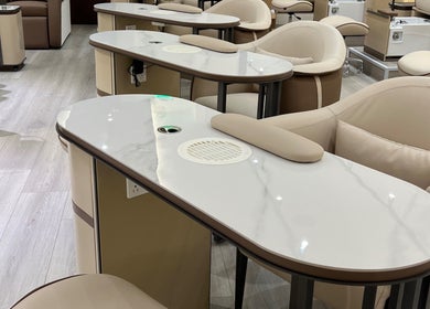 Luxurious nail stations at Razor Roast in Los Angeles, California, US, offering comfort and style.