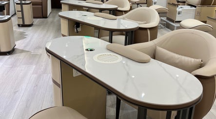 Luxurious nail stations at Razor Roast in Los Angeles, California, US, offering comfort and style.