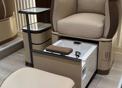 Elegant pedicure station at Razor Roast, Los Angeles, California, US, offering a luxurious spa experience.