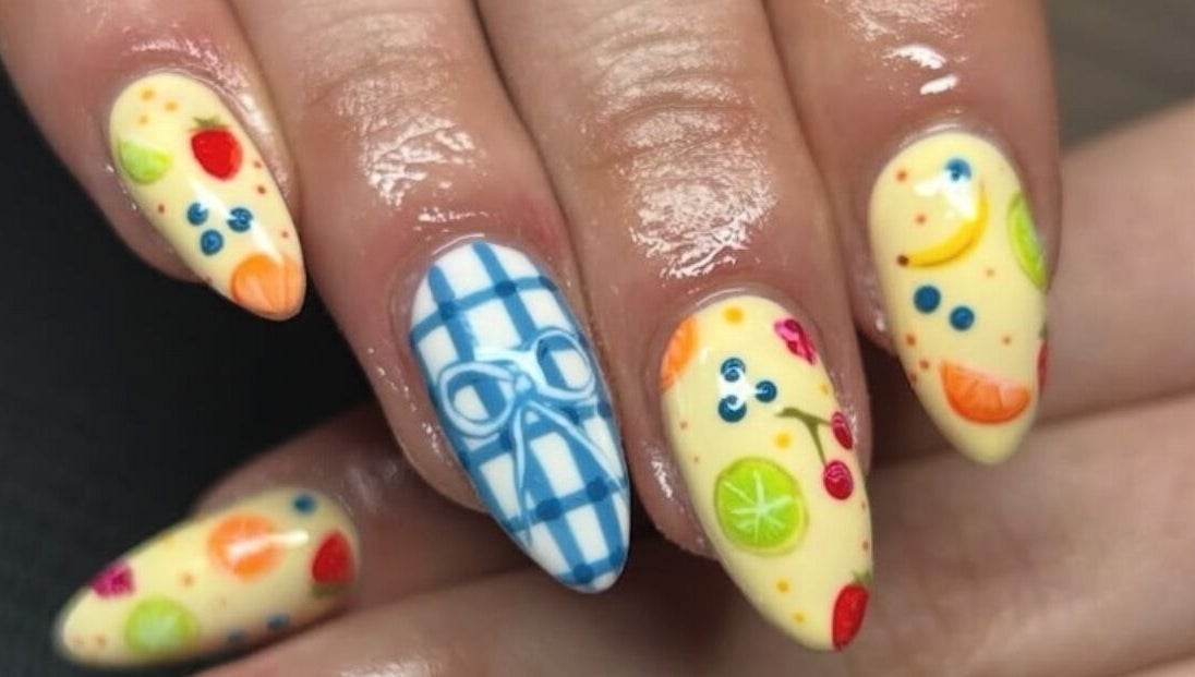 Colorful fruity nail art at Aoife Rois Nails, Newtownabbey, Northern Ireland, GB.