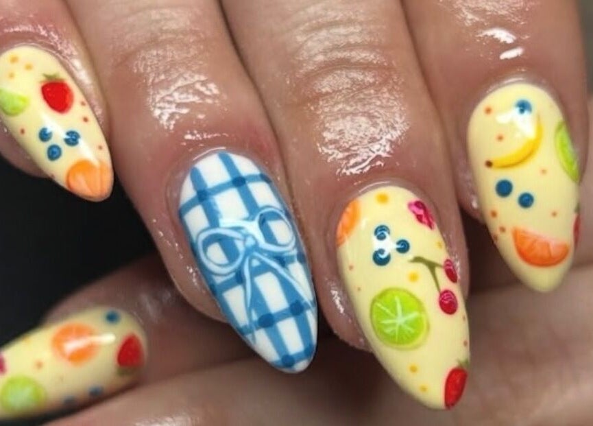 Colorful fruity nail art at Aoife Rois Nails, Newtownabbey, Northern Ireland, GB.