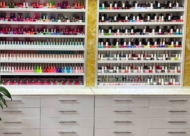 Diverse nail polish selection at Ten Perfect Nail Design in Lowell, Massachusetts, US.
