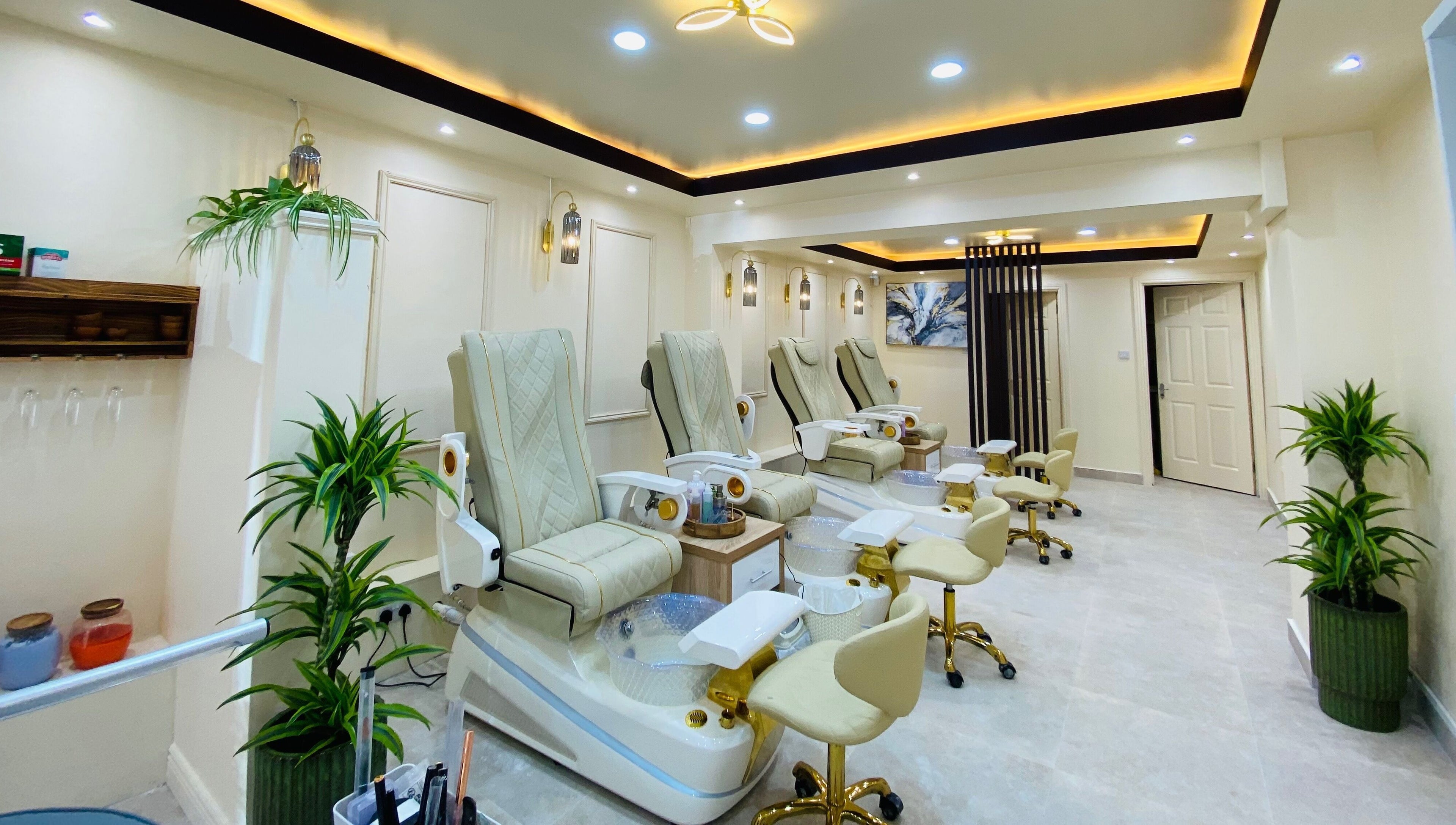 Modern pedicure chairs at Mys Nails and Spa Newbridge, Newbridge, County Kildare, IE. Elegant, serene ambiance.