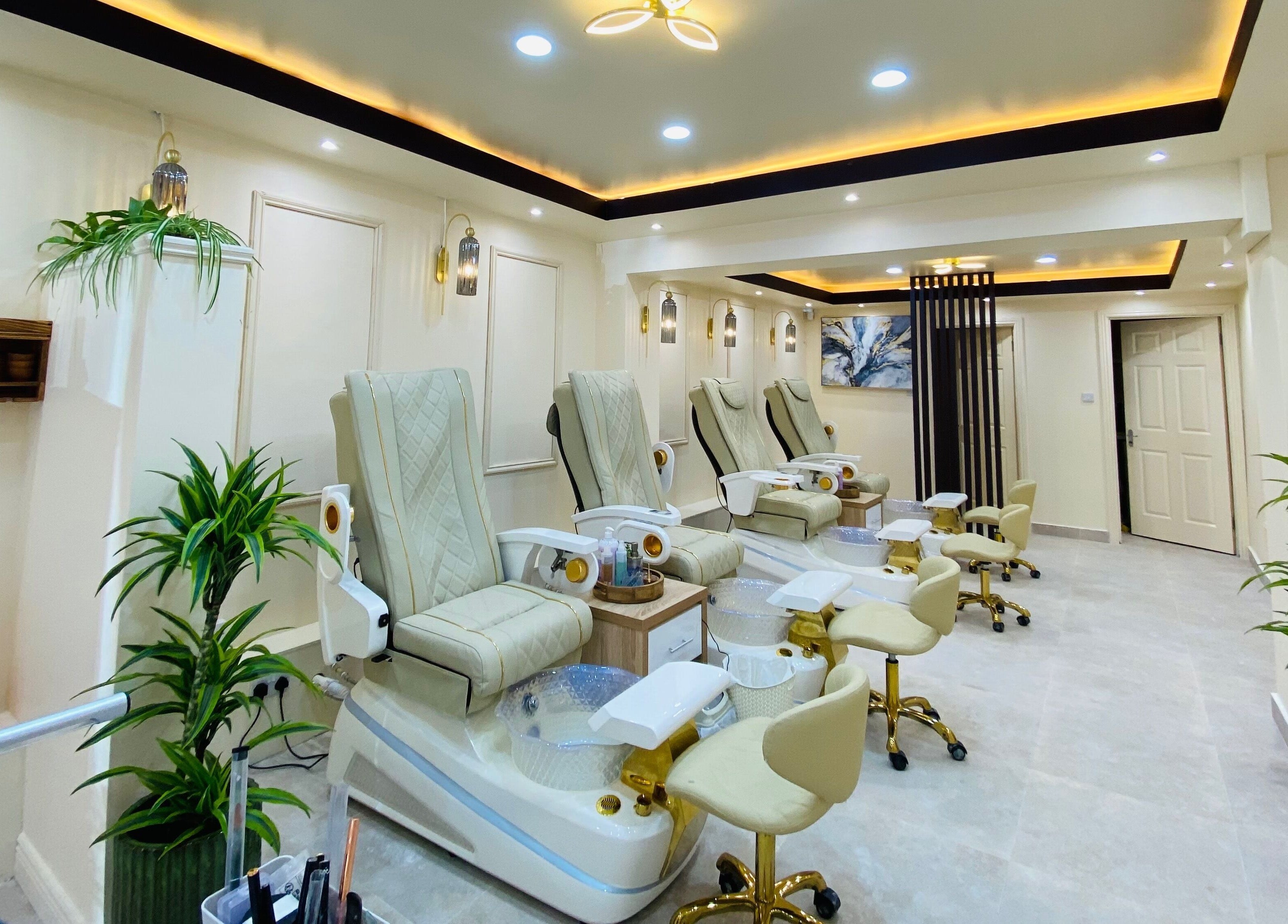 Modern pedicure chairs at Mys Nails and Spa Newbridge, Newbridge, County Kildare, IE. Elegant, serene ambiance.