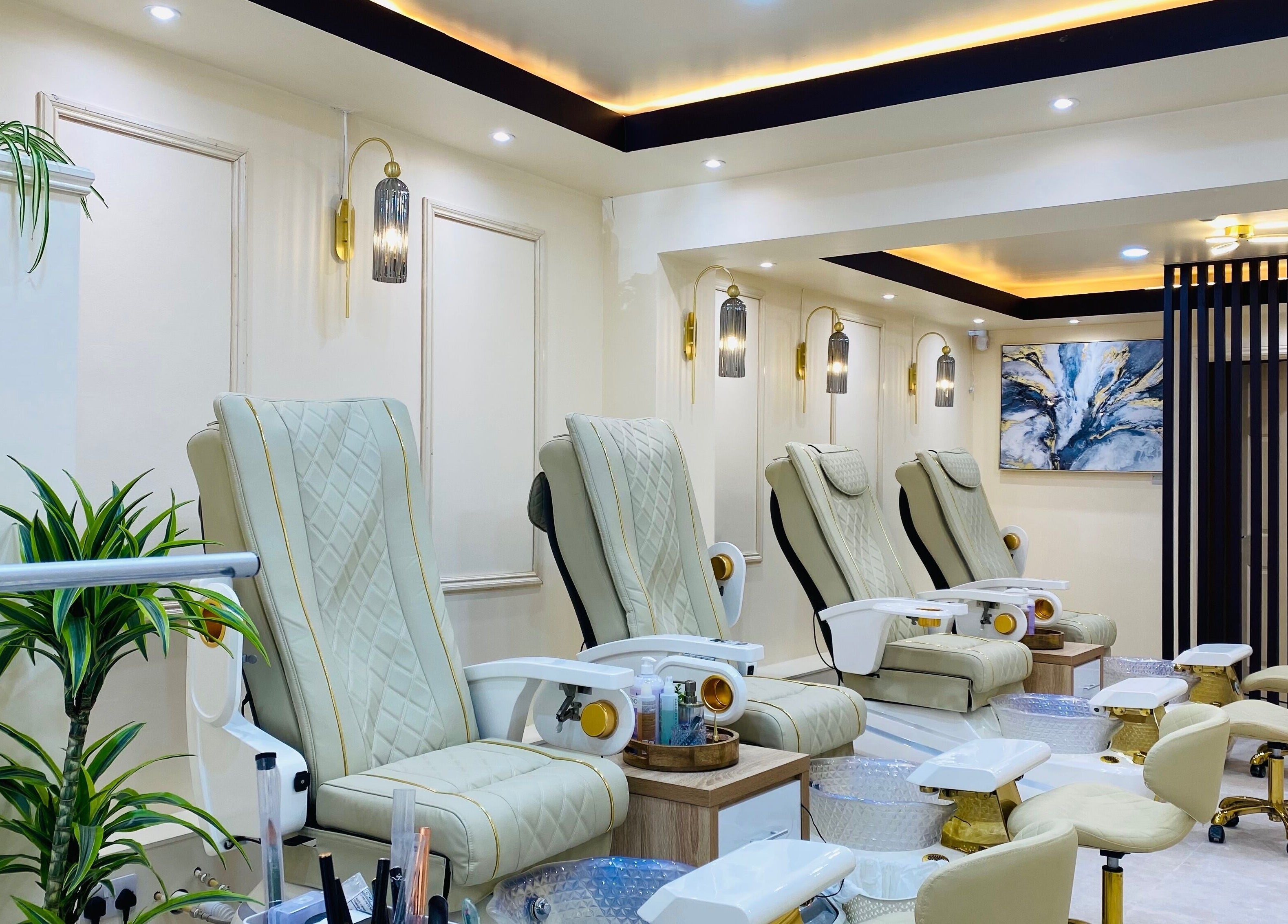 Elegant pedicure area at Mys Nails and Spa Newbridge, Newbridge, County Kildare, IE with plush chairs and serene decor.
