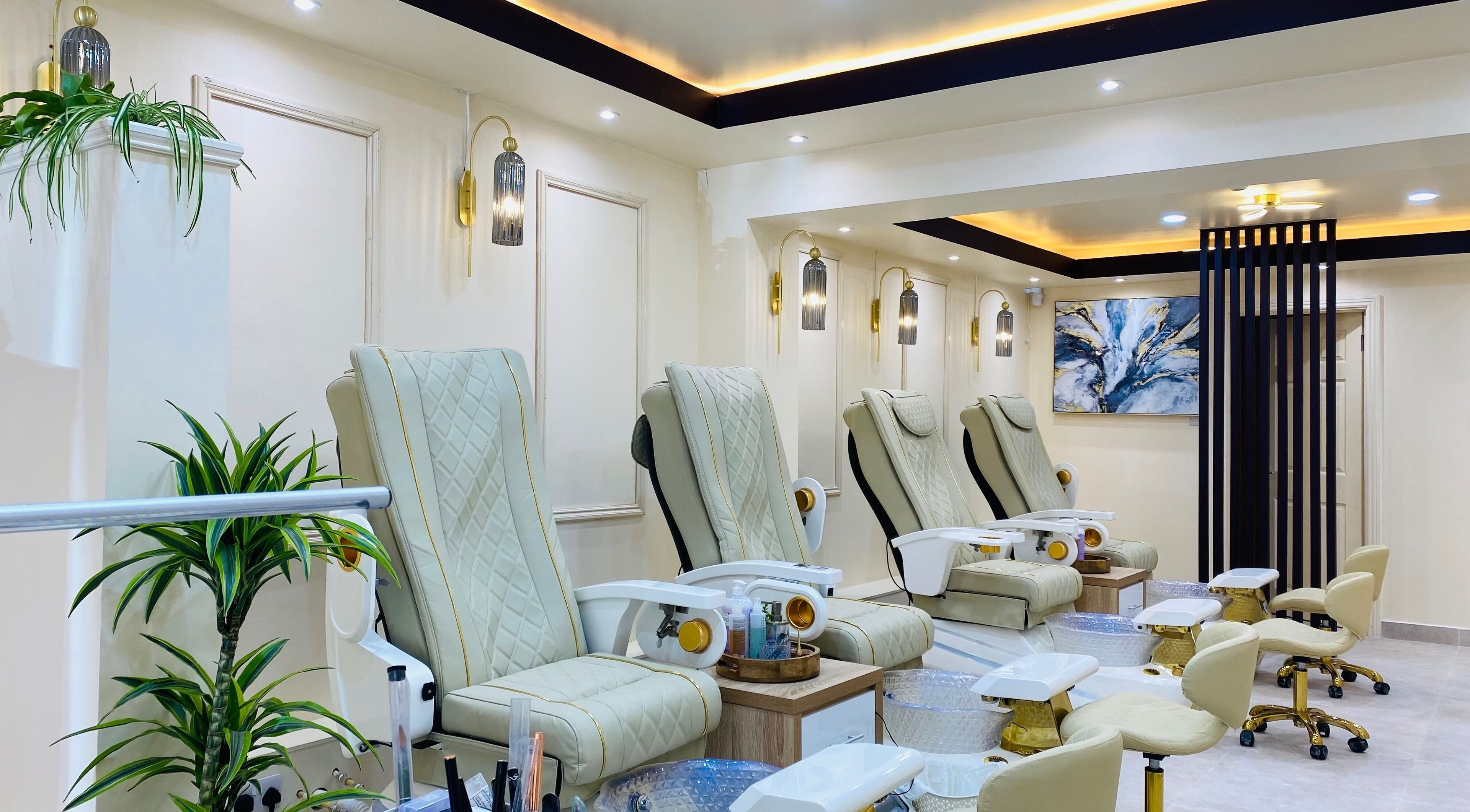 Elegant pedicure area at Mys Nails and Spa Newbridge, Newbridge, County Kildare, IE with plush chairs and serene decor.