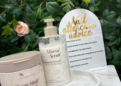 Nail care products at Angel Glow by Vesi, London, GB with soothing backdrop.