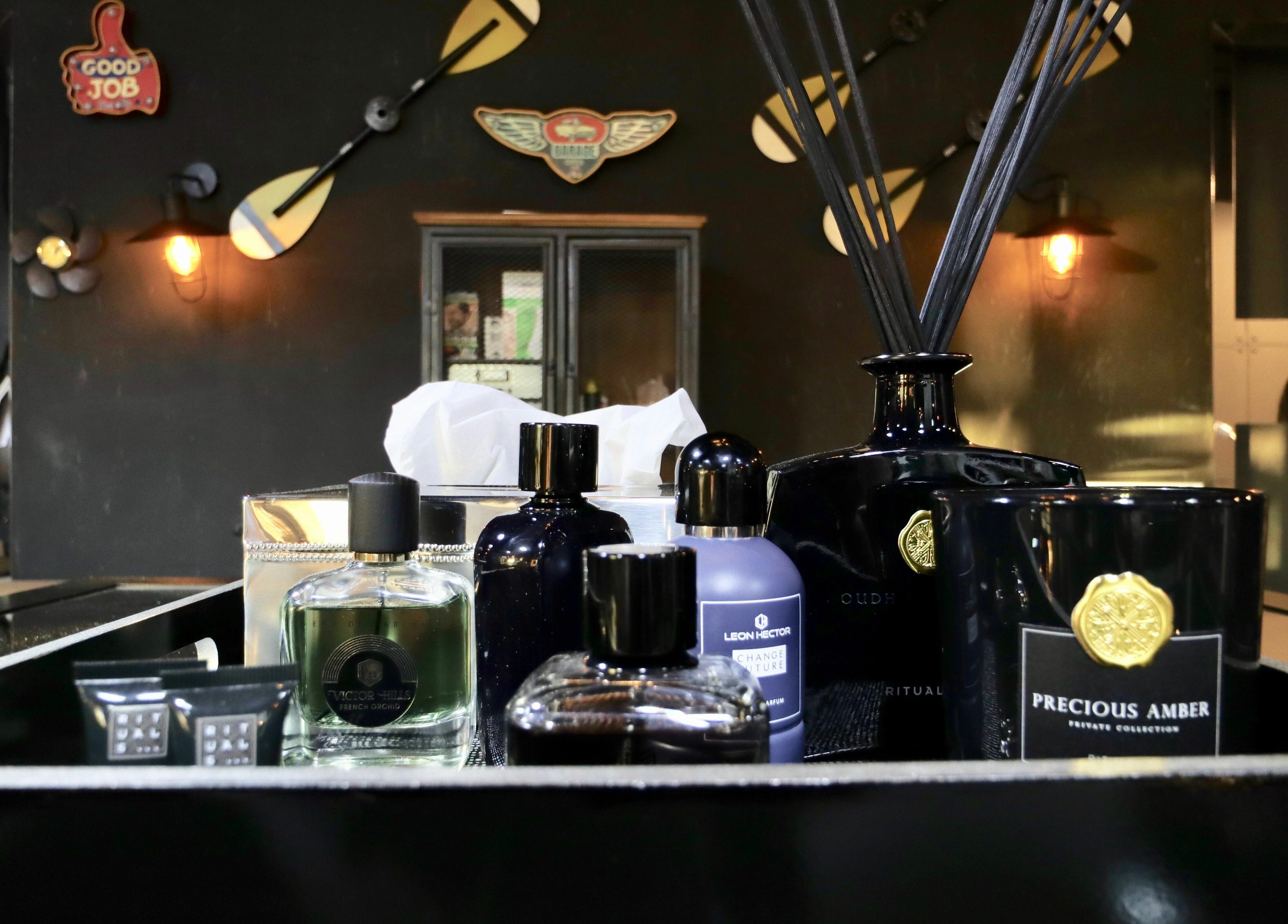 Luxurious grooming products displayed at Barbers Gentlemen Saloon, Dubai, AE.