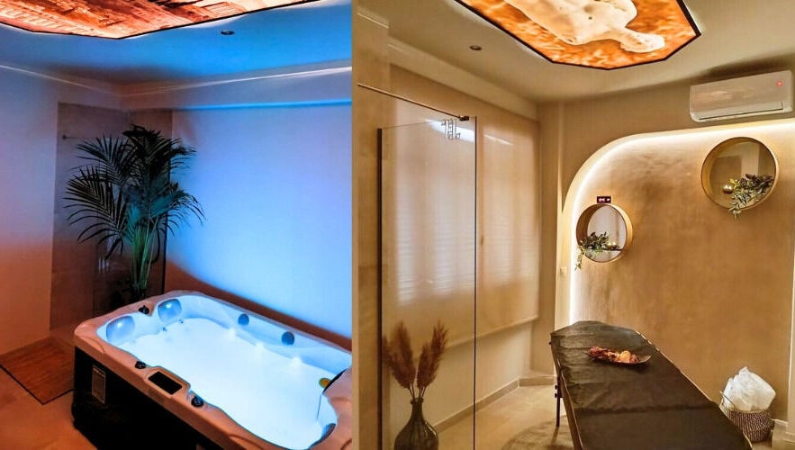 Χαλάρωση στο En Athinais Massage, Αθήνα, GR: τζακούζι και κομψό δωμάτιο θεραπείας.