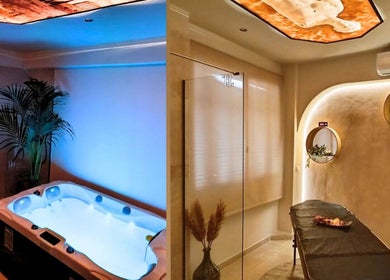Χαλάρωση στο En Athinais Massage, Αθήνα, GR: τζακούζι και κομψό δωμάτιο θεραπείας.
