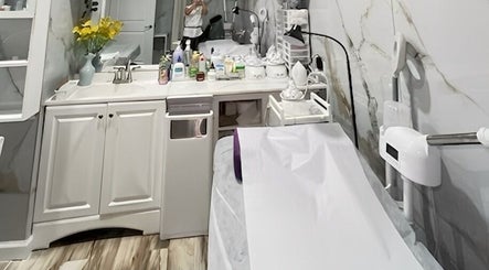 Luxurious spa setup at Island Nail Lounge in Houston, Texas, US with sleek counters and beauty essentials.