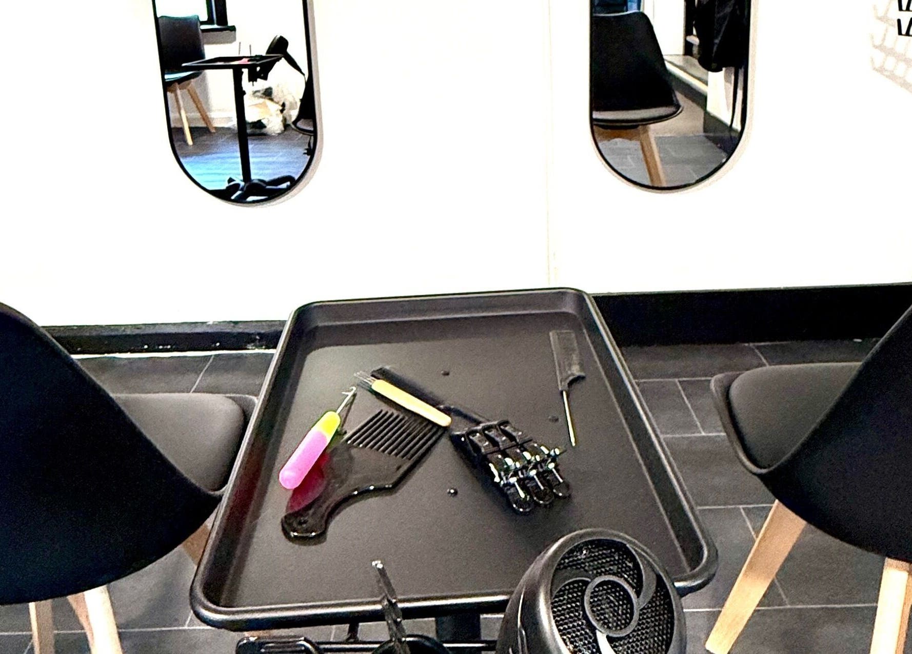 Kulture Kurls styling station featuring chairs and tools in Whitley Bay, GB.