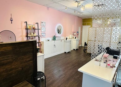Elegant interior of Admire beauty and nail studio in Vernon, British Columbia, CA with chic decor and modern design.