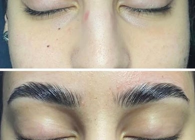 Before and after eyebrow shaping at Glow & Grace Esthetics, Calgary, Alberta, CA shows dramatic results.