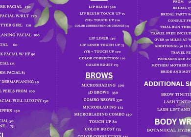 Service menu at KAESTHETICS 5th dimension spa suite in Richmond, Kentucky, US, featuring facials and more.